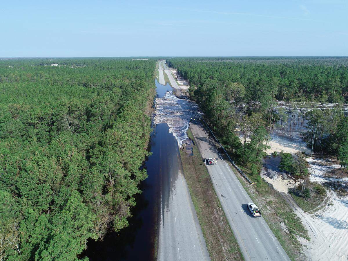 A N.C. Department of Transportation drone captured this image of where flood waters washed out a section of U.S. 421 just outside Wilmington after Hurricane Florence.