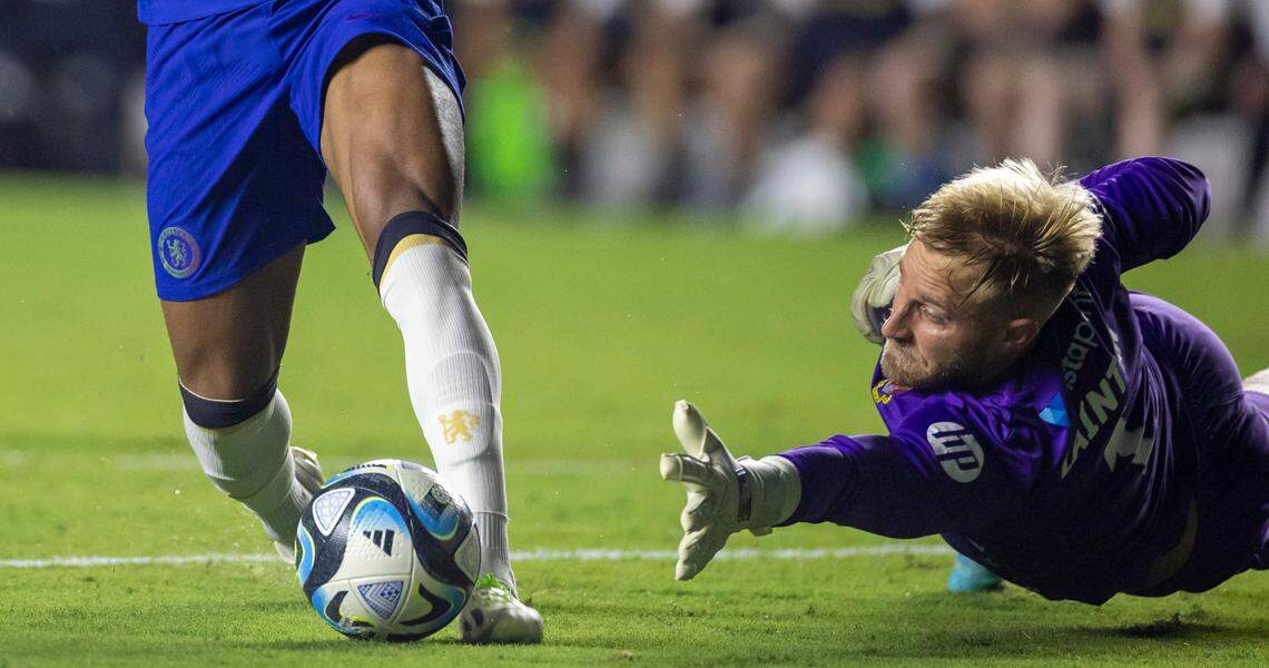 Chelsea’s Christopher Nkunku (45) scores on Wrexham goalie Rob Lainton (1) to take a 4-0 lead in the second half during their FC Series game on Wednesday, July 19, 2023 in Chapel Hill, N.C.