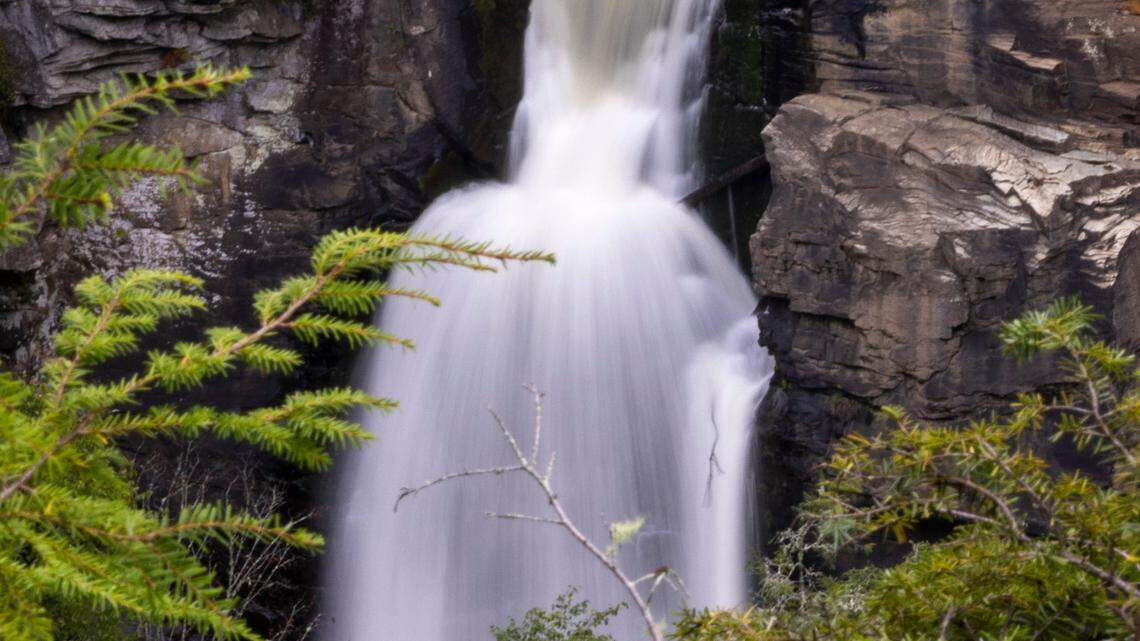 The lower falls of Linville Falls pour into the Linville Gorge as seen from the Chimney View overlook in Newland. Part of our summer Cruising Across Carolina series.