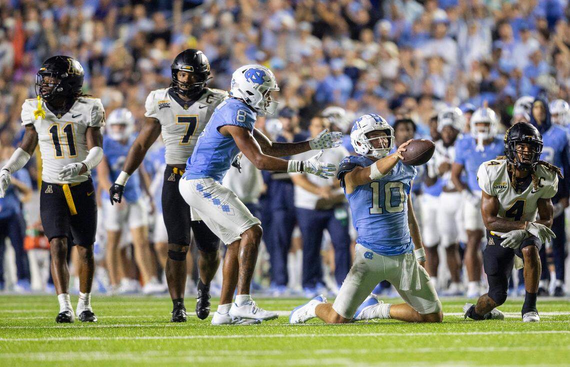 North Carolina quarterback Drake Maye (10) reacts after rushing for six-yards and a first down in the final minute of play against Appalachian State on Saturday September 9, 2023 at Kenan Stadium in Chapel Hill, N.C.