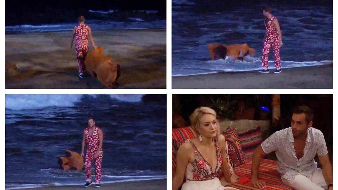 Jordan (in the red suit) throws a stuffed dog (Jenna’s birthday present from David) into the ocean. Jenna and David are seen in the bottom right frame.