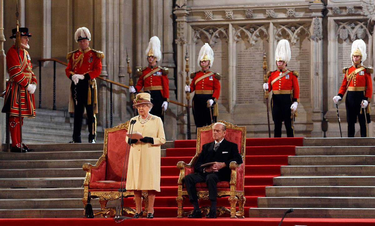 Britain’s Queen Elizabeth II makes an address next to her husband The Duke of Edinburgh at Westminster Hall in London, Tuesday, March 20, 2012. The Queen celebrated her Diamond Jubilee today by paying tribute to the British virtues of “resilience, ingenuity and tolerance”, and to the Duke of Edinburgh, her “constant strength and guide” over the decades. In a landmark address to both Houses of Parliament the monarch repeated her vow made on Accession Day in February to “rededicate myself to the service of our great country”.