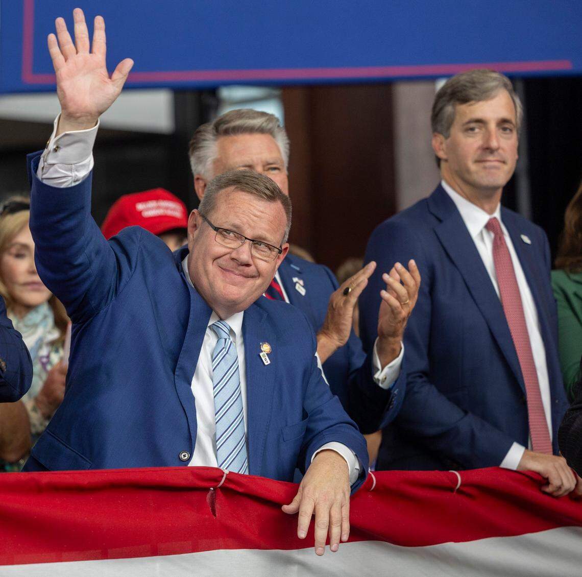 Republican congressional candidates, North Carolina House Speaker Tim Moore, acknowledges the crowd upon his introduction by Republican Vice Presidential candidate Senator J.D. Vance during his rally at Union Station on Wednesday, September 18, 2024 in Raleigh, N.C.   Congressional candidates Mark Harris and Brad Knott were seated with Moore at the rally. 