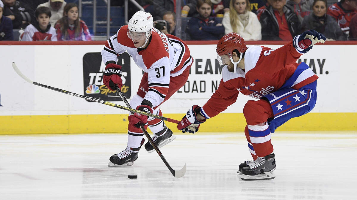 Carolina Hurricanes right wing Andrei Svechnikov (37), of Russia, skates with the puck against Washington Capitals defenseman Michal Kempny (6), of the Czech Republic, during the first period of an NHL hockey game, Thursday, Dec. 27, 2018, in Washington. (AP Photo/Nick Wass)