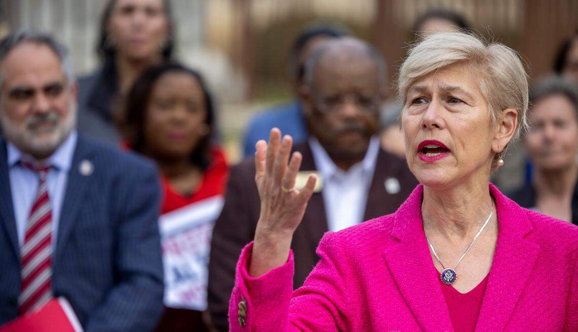 Congresswoman Deborah Ross condemns the actions of President Donald Trump during a press briefing on the North Carolina State Capitol grounds on Friday, January 31, 2025 in Raleigh, N.C.