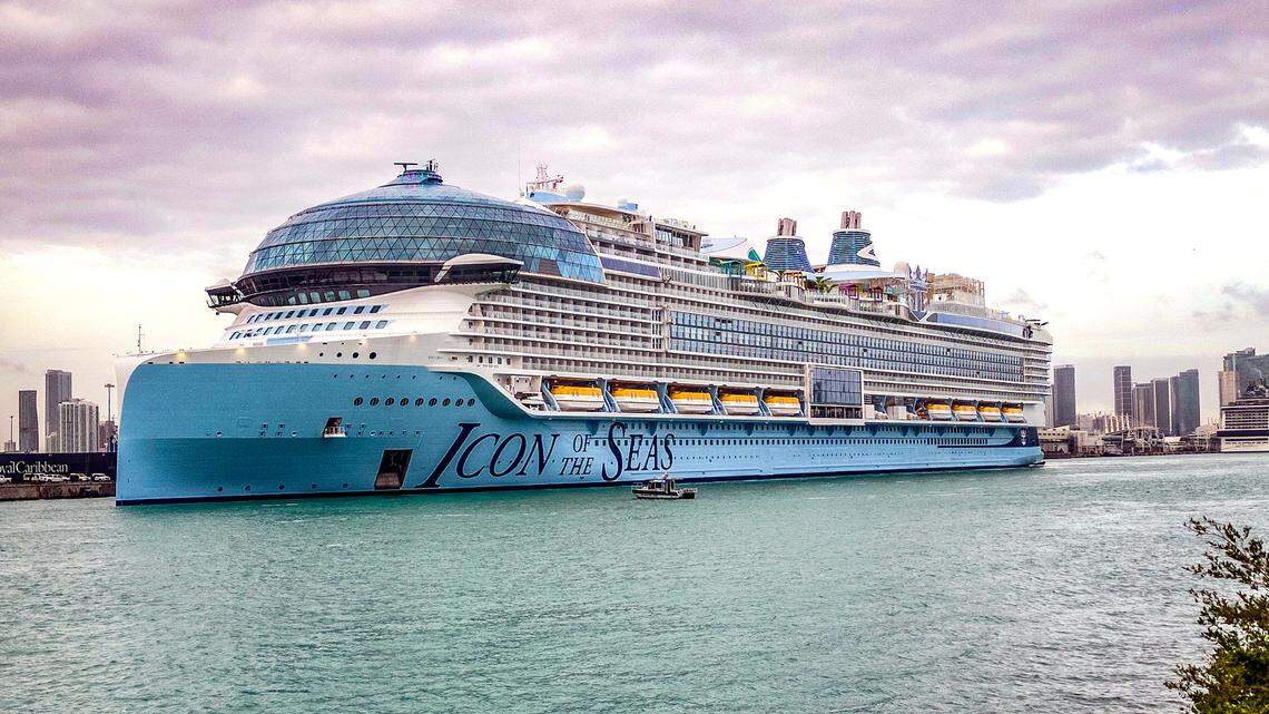 Royal Caribbean’s ‘Icon of the Seas’, the world’s largest cruise ship heads to the dock early Wednesday morning during its first arrival in Miami, January 10, 2024.