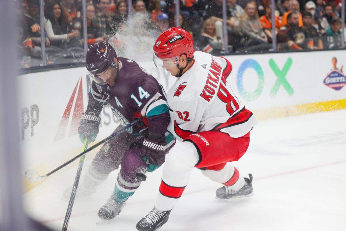 Anaheim Ducks Center Adam Henrique (14) defends the puck against Carolina Hurricanes Defensemen Ronan Seeley (82) during the first period at Honda Center.