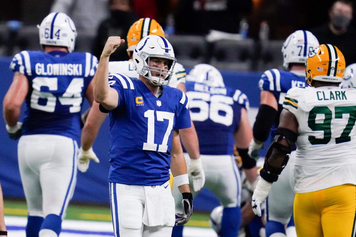 Indianapolis Colts quarterback Philip Rivers (17) celebrates a touchdown pass during the second half of an NFL football game against the Green Bay Packers, Sunday, Nov. 22, 2020, in Indianapolis.