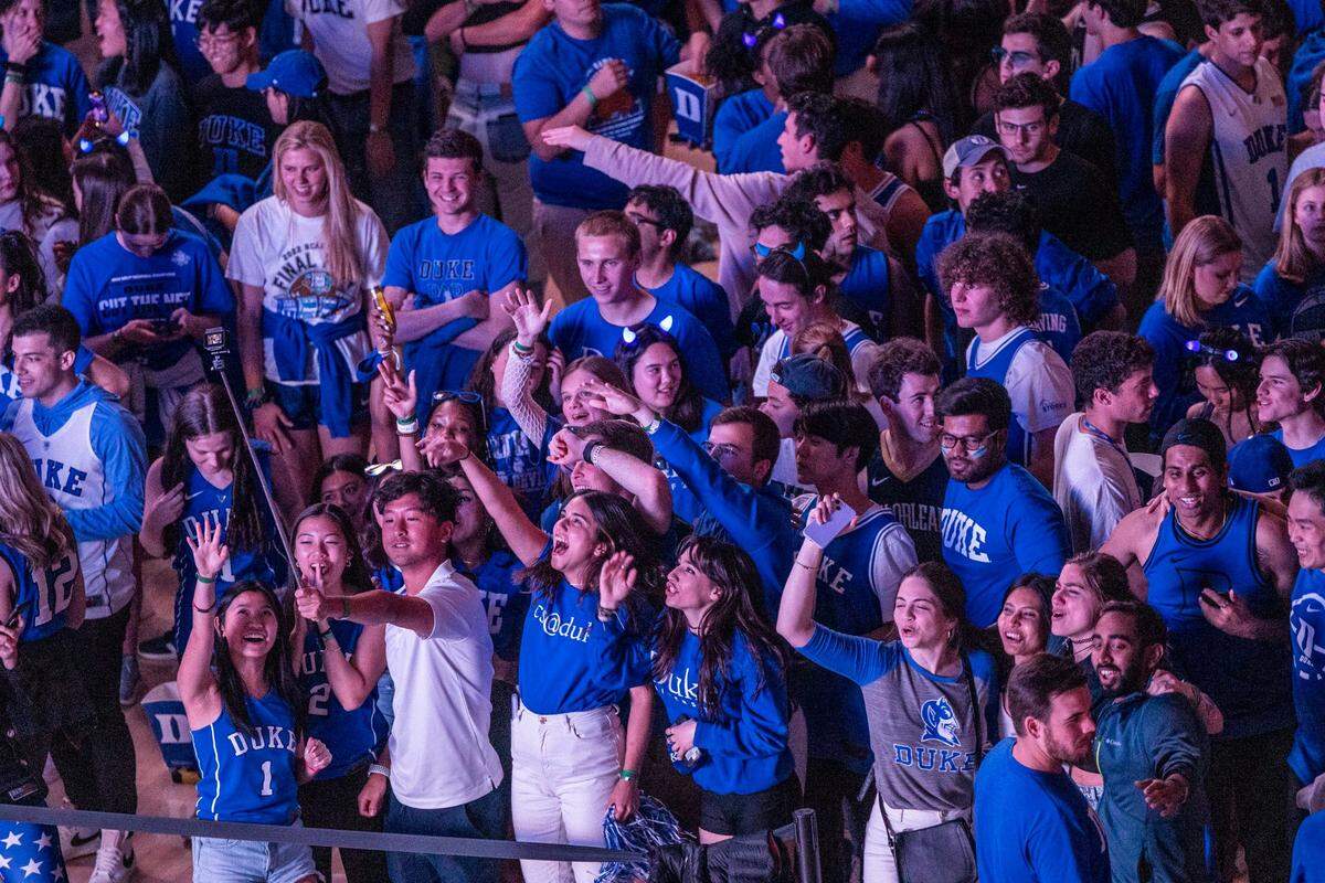 Duke students get ready for the Final Four game against UNC during a watch party at Cameron Indoor Stadium, Saturday April 2, 2022.