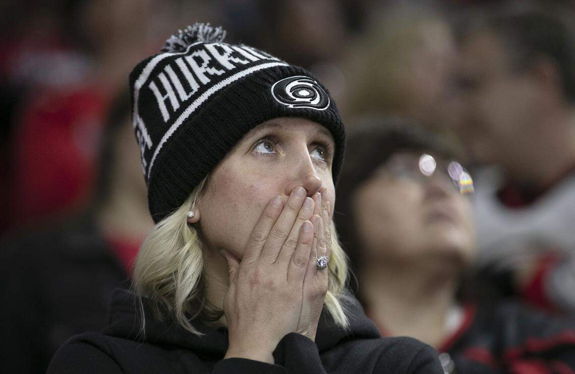Jesse Plunkett of Raleigh, N.C. reacts during the closing minute of play as the Hurricanes fall 2-1 to the Boston Bruins’ in Game 3 of the Eastern Conference finals on Tuesday, May 14, 2019 at PNC Arena in Raleigh, N.C.