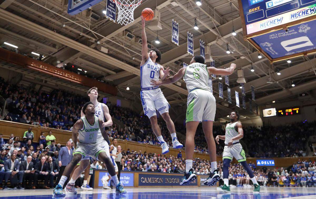 Duke’s Jared McCain (0) drives to the basket during Duke’s 106-69 victory over Queens University at Cameron Indoor Stadium in Durham, N.C., Saturday, Dec. 30, 2023.
