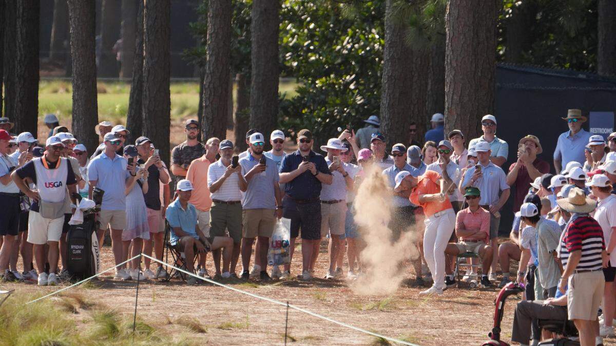 Wyndham Clark hits on the 13th hole during the second round of the U.S. Open golf tournament at Pinehurst No. 2.