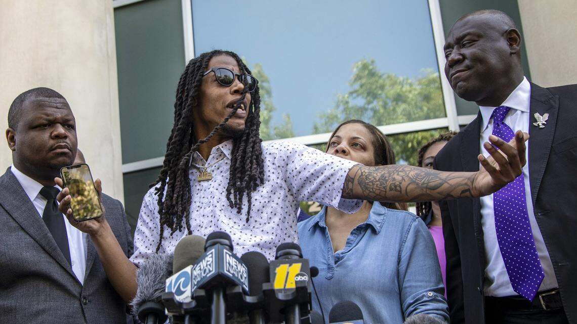 Andrew Brown Jr.’s son Khalil Ferebee speaks as attorneys for the family of Andrew Brown Jr. hold a press conference outside the Pasquotank County Public Safety building Tuesday, April 27, 2021 to announce results of the autopsy they commissioned, which they said showed five bullet wounds including one to the back of the head. They accused Pasquotank County officials of hiding information and keeping justice from being served in Elizabeth City.