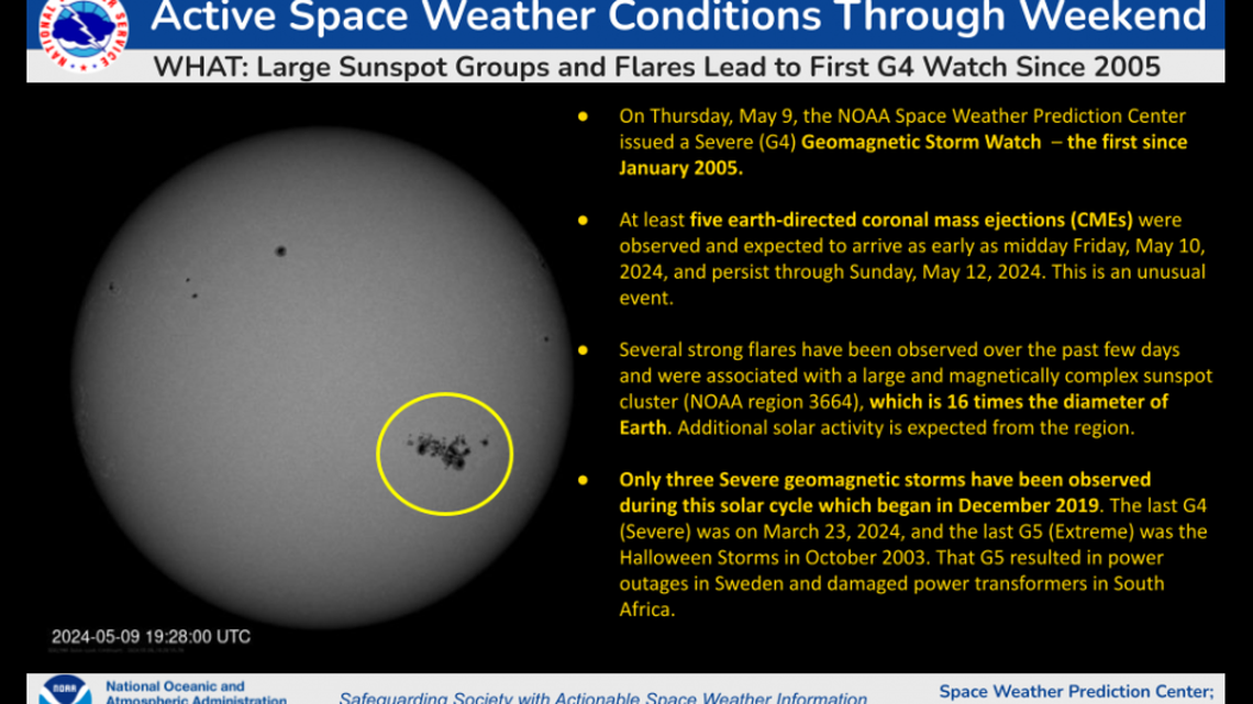 NOAA’s Space Weather Prediction Center Thursday issued its first severe geomagnetic storm watch since 2005. It’s in effect from late Friday through Sunday. Power grids, the internet and GPS systems could be affected.