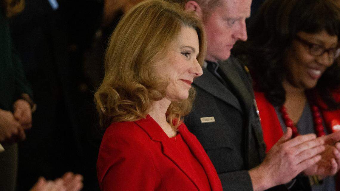 First Lady Kristin Cooper receives a standing ovation as Gov. Roy Cooper delivers the biennial State of the State address to a joint session of the General Assembly at the Legislative Building Monday evening, Feb. 26, 2019.