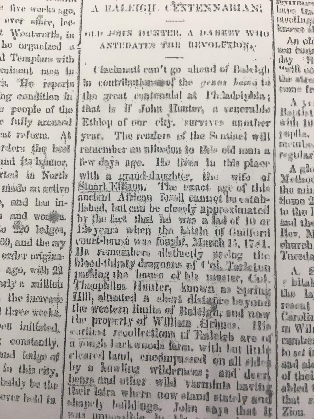 An 1870s article from The Raleigh Sentinel features former slave John Hunter.