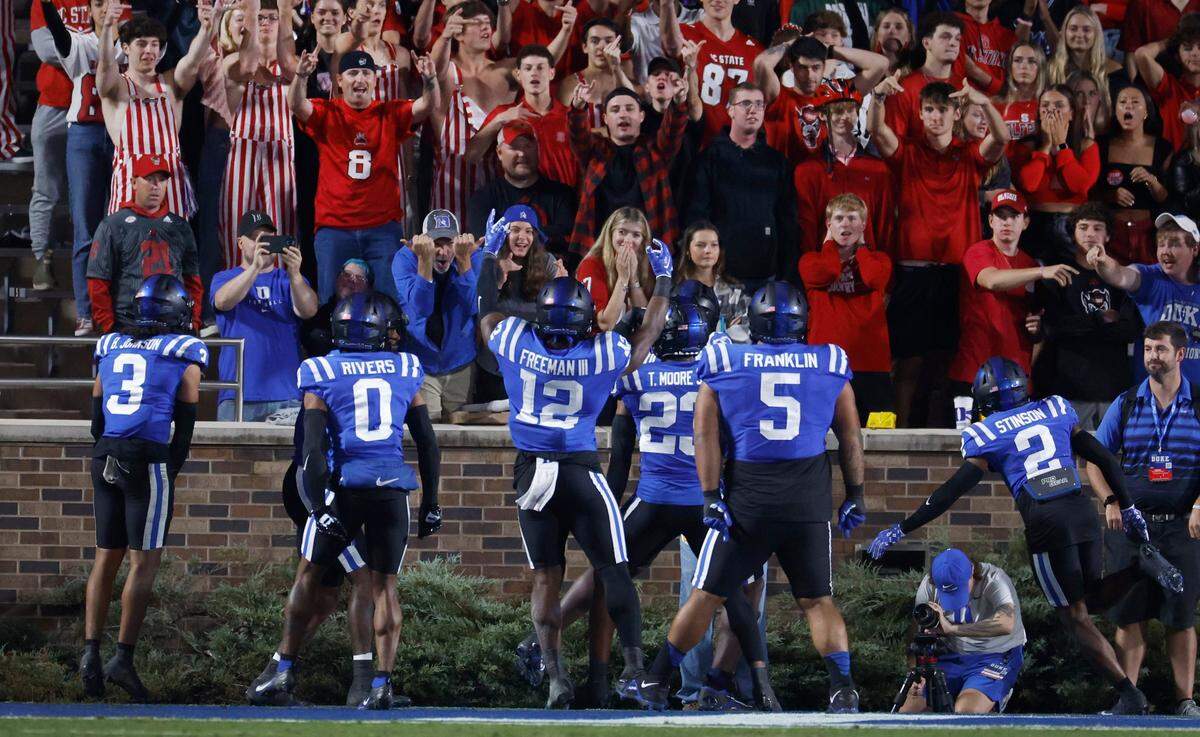 Duke linebacker Tre Freeman (12) celebrates after intercepting the ball during the first half of N.C. State’s game against Duke at Wallace Wade Stadium in Durham, N.C., Saturday, Oct. 14, 2023.