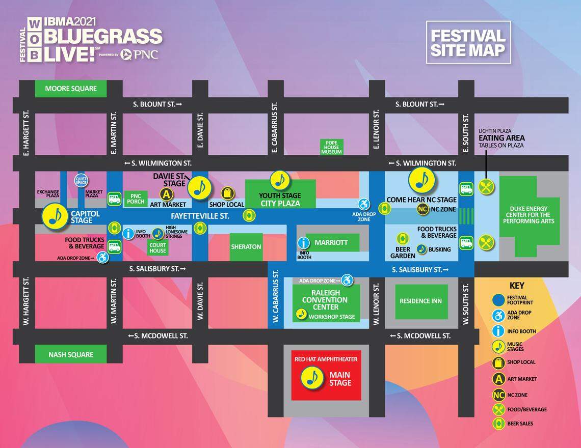The map for IBMA 2021 Bluegrass Live. Organizershave shifted stages out of their usual spots, aiming to allow more space between crowds.