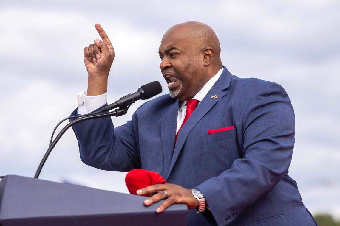 Lt. Gov. Mark Robinson speaks at a Trump rally on April 9, 2022, in Selma, North Carolina.