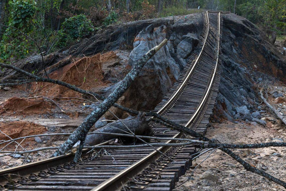 The Norfolk Southern railroad line along Mill Creek, north of Old Fort, N.C. was destroyed by flood waters from Hurricane Helene. Photographed on Saturday, Oct. 5, 2024. 