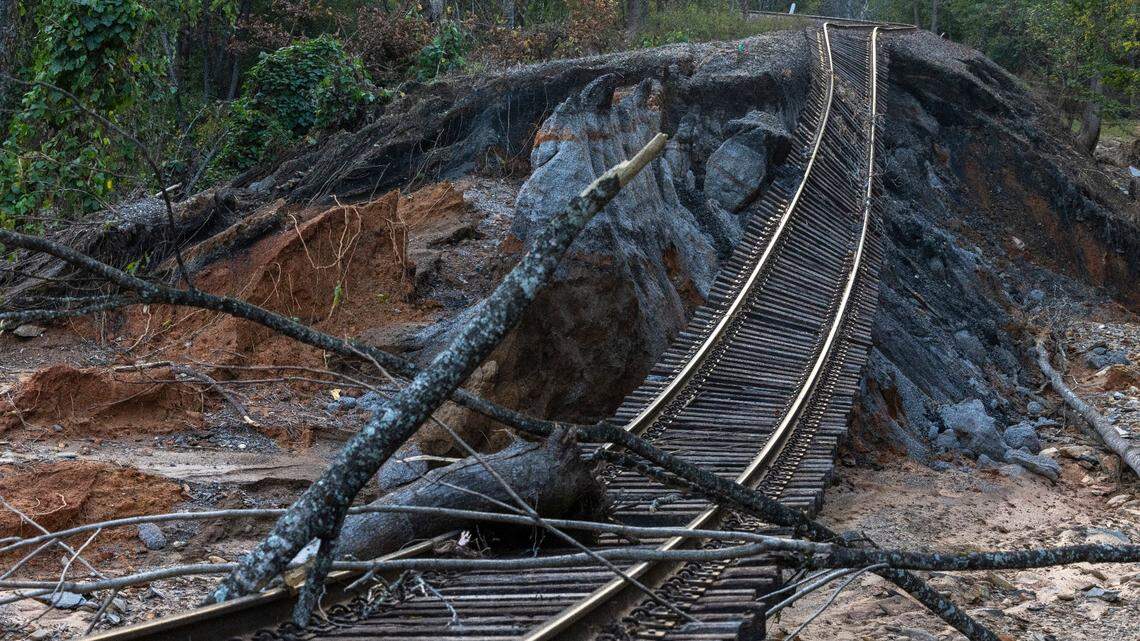The Norfolk Southern railroad line along Mill Creek, north of Old Fort, N.C., was destroyed by flood waters from Hurricane Helene. Photographed on Oct. 5, 2024.