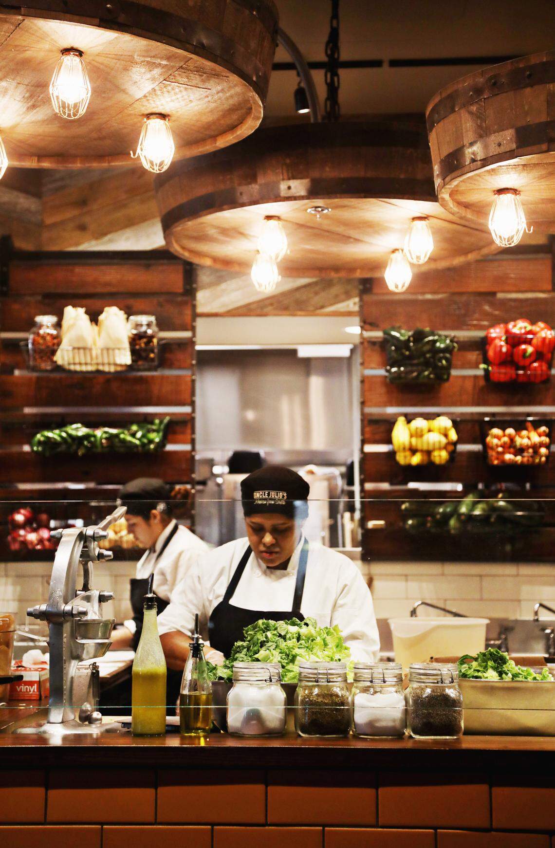 Uncle Julio’s in Durham had a tortilla-making station and colorful produce displays near the open kitchen.
