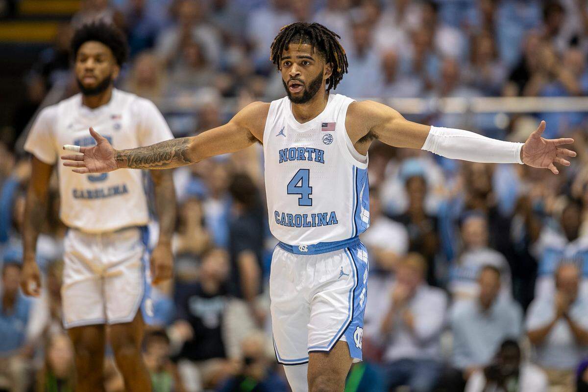 North Carolina’s R.J. Davis (4) reacts after a three-point basket during the first half against UNC Wilmington on Monday, November 7, 2022 at the Smith Center in Chapel Hill, N.C.