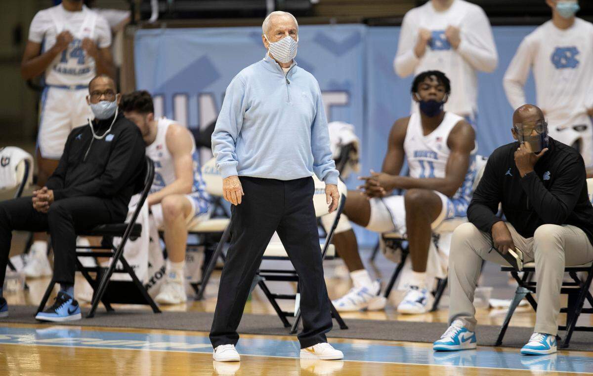 North Carolina coach Roy Williams watches his team on offense during the first half against Syracuse on Tuesday, January 12, 2021 at the Smith Center in Chapel Hill, NC.