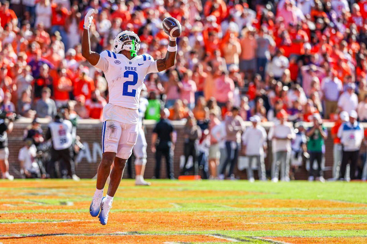 Sahmir Hagans (2) of the Duke Blue Devils celebrates after scoring a 2-point conversion during the second half of a football game against the Clemson Tigers at Memorial Stadium on November 01, 2025 in Clemson, South Carolina.