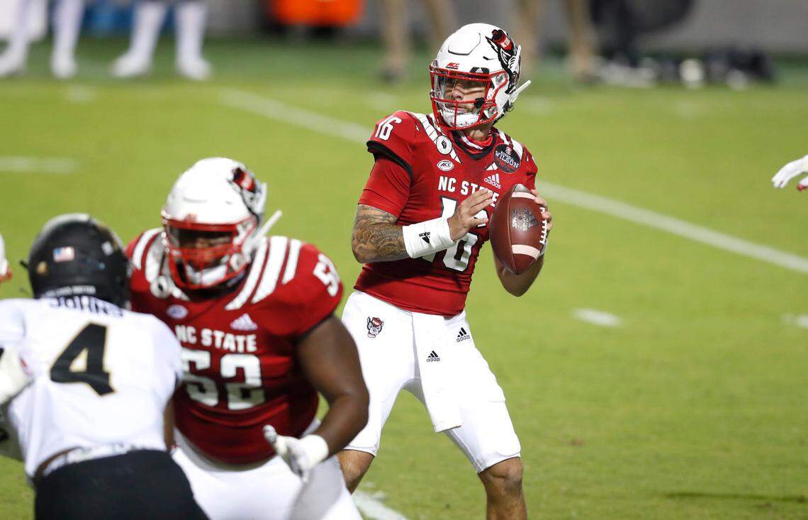 N.C. State quarterback Bailey Hockman (16) prepares to pass during the first half of N.C. State’s game against Wake Forest at Carter-Finley Stadium in Raleigh, N.C, Saturday, Sept. 19, 2020.