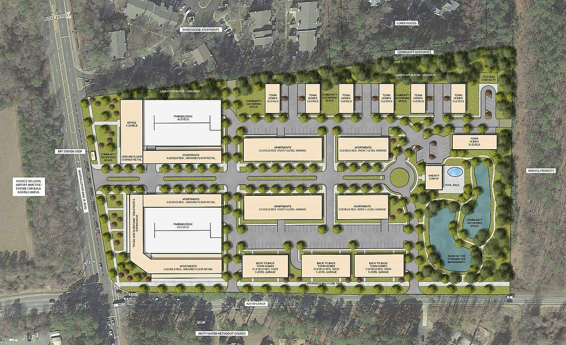 A proposed site plan for the 1000 Martin Luther King Jr. Blvd. project at the northeastern corner of Estes Drive in Chapel Hill (bottom) shows commercial space wrapped around two parking decks along the MLK corridor, with apartment and townhouse buildings behind. Green space is scattered around the land’s perimeter.