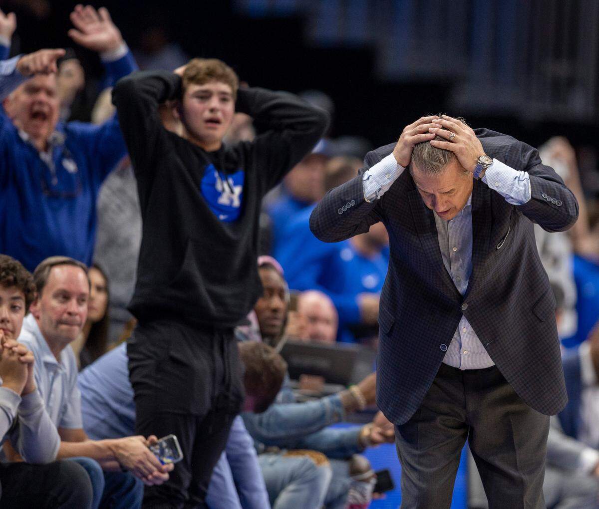 Kentucky coach John Calipari reacts to a foul against his team in the second half against North Carolina on Saturday, December 16, 2023 at State Farm Arena in Atlanta, Georgia.