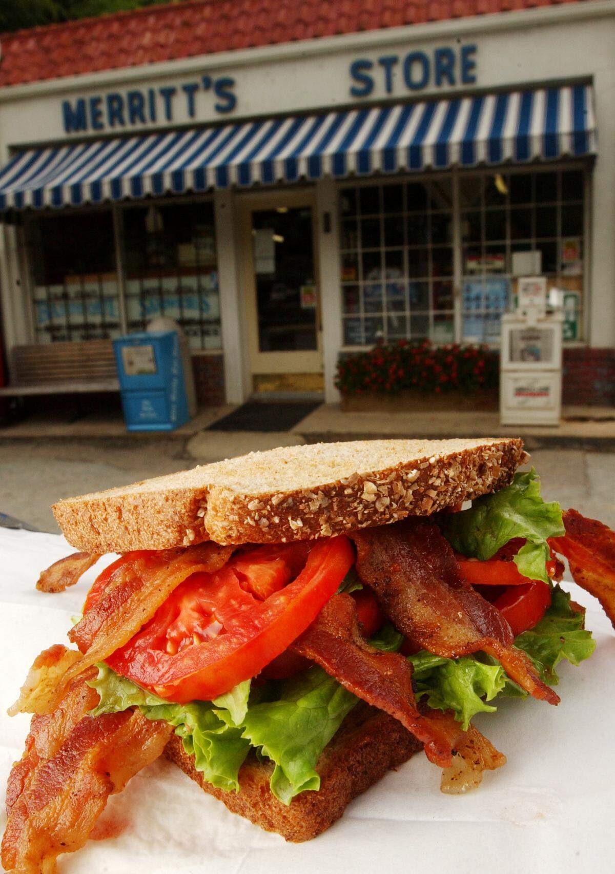 Merritt’s Store & Grill is locally famous for its B.L.T. This is the quintessential B.L.T., one that doesn’t skimp on the B (thick, crunchy slices), the L or the T (local when in season).