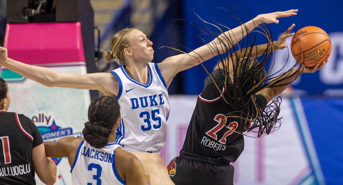 Duke’s Toby Fournier (35) defends Louisville’s Taina Mair (22) during the second quarter on Friday, March 7, 2024 during the quarterfinals of the ACC Women’s Tournament in Greensboro, N.C.