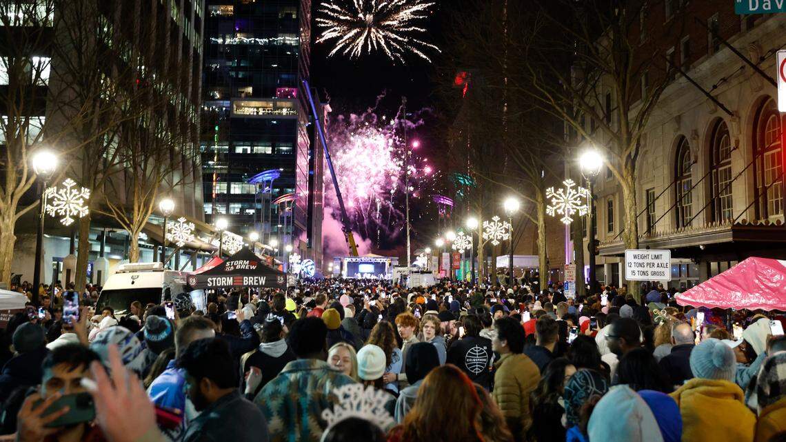 Fireworks welcome the New Year after the Acorn Drop at First Night on Fayetteville St. early Monday morning, Jan. 1, 2024.