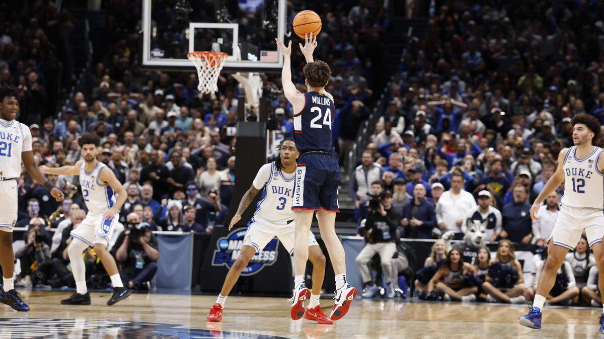 UConn’s Braylon Mullins (24) takes what will be the winning three-pointer in the final second of UConn’s 73-72 victory over Duke in the NCAA Men’s Tournament East Regional Final at Capital One Arena in Washington, D.C., Sunday, March 29, 2026.