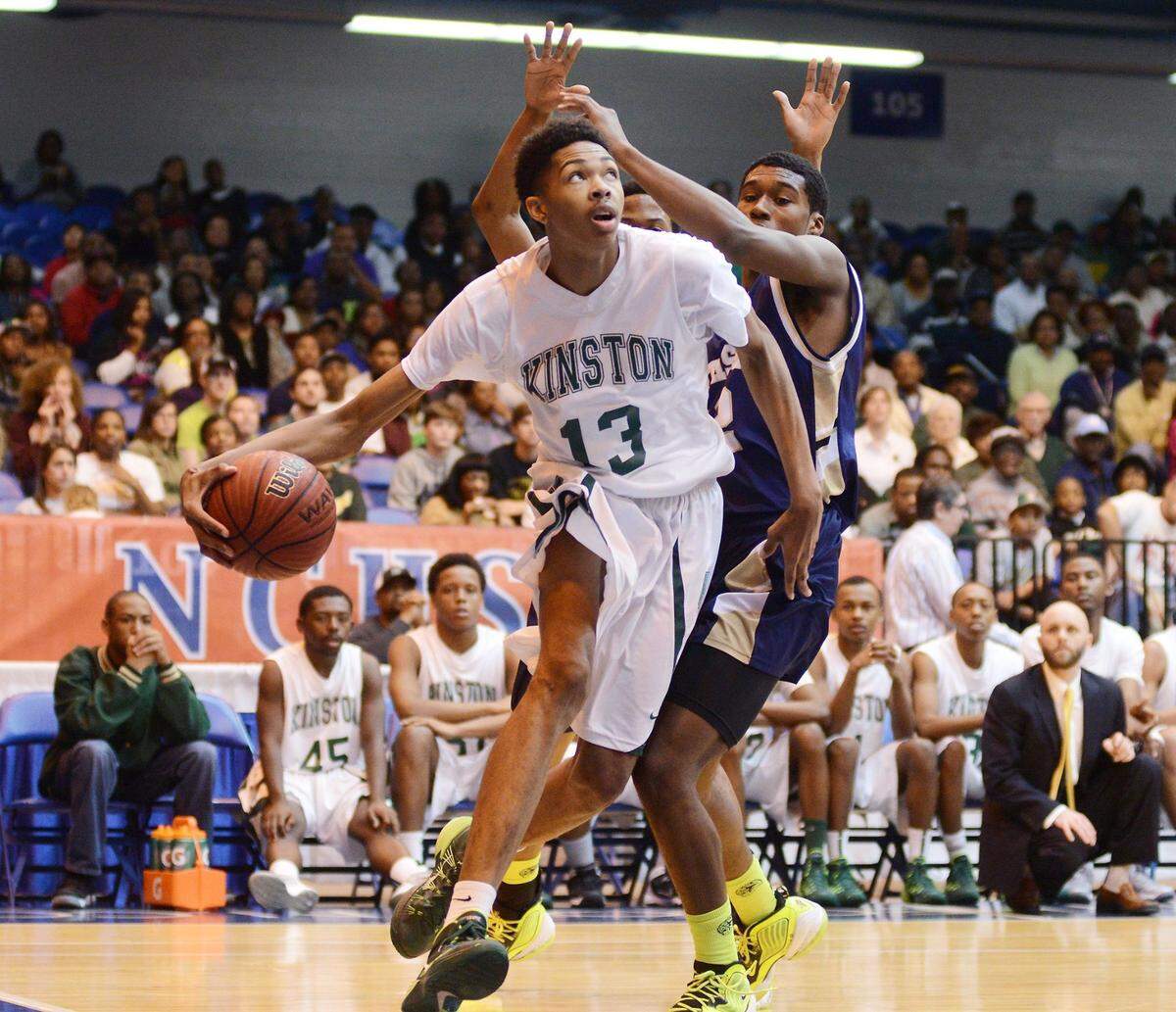 Kinston’s Brandon Ingram drives to the basket during a game against Jacksonville Northside in the Men’s 2A NCHSAA Regional Finals March 8, 2014.
