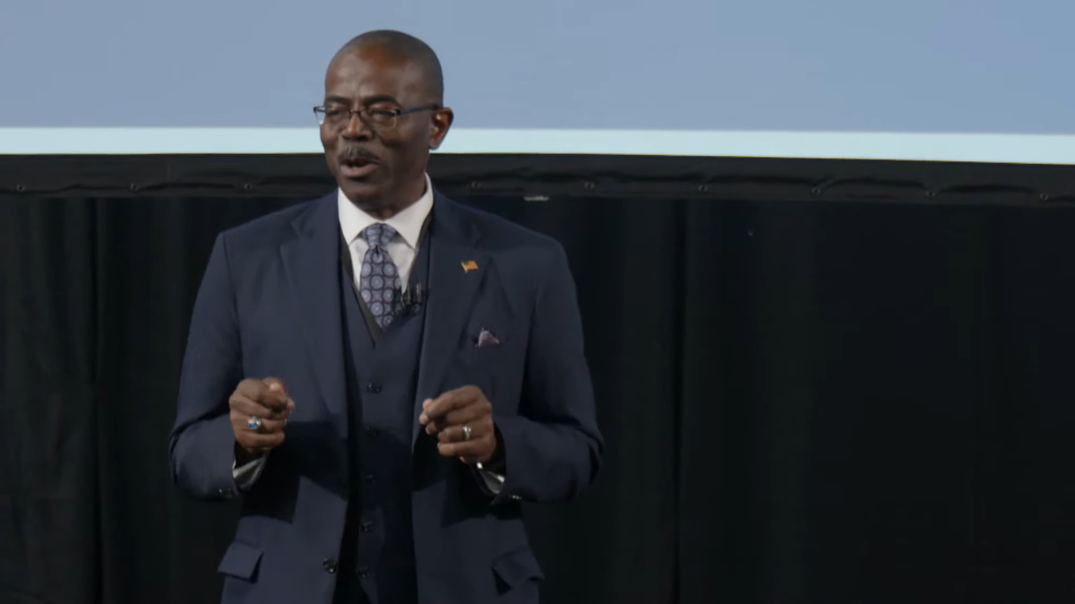 Wake County Superintendent Robert Taylor gives a community report on his first 100 days during a presentation at Broughton High School’s Holliday Gym in Raleigh, N.C., on Jan. 25, 2024.