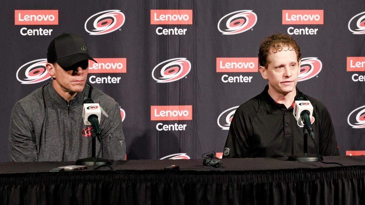 Carolina Hurricanes head coach Rod Brind’Amour and general manager Eric Tulsky take questions from media during a press conference on Tuesday, June 3, 2025, at Lenovo Center in Raleigh, N.C.