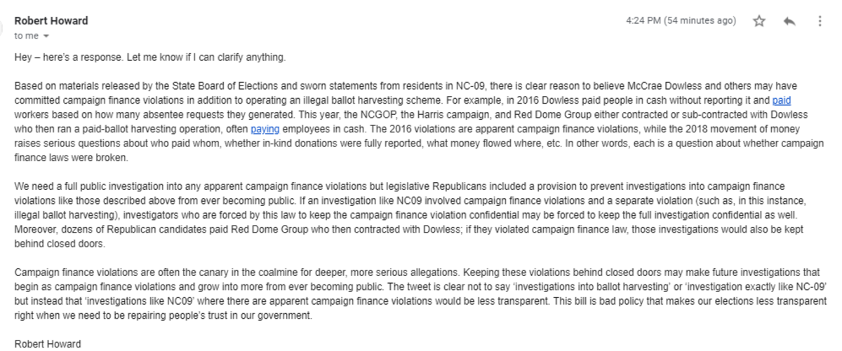 An email to PolitiFact from Robert Howard, spokesman for the N.C. Democratic Party.