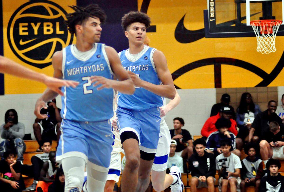 Twins Cayden, left, and Cameron Boozer run the floor during their win over Team Maine at Peach Jam, the Nike Elite Youth Basketball League tournament in North Augusta, S.C. in July 2022. 