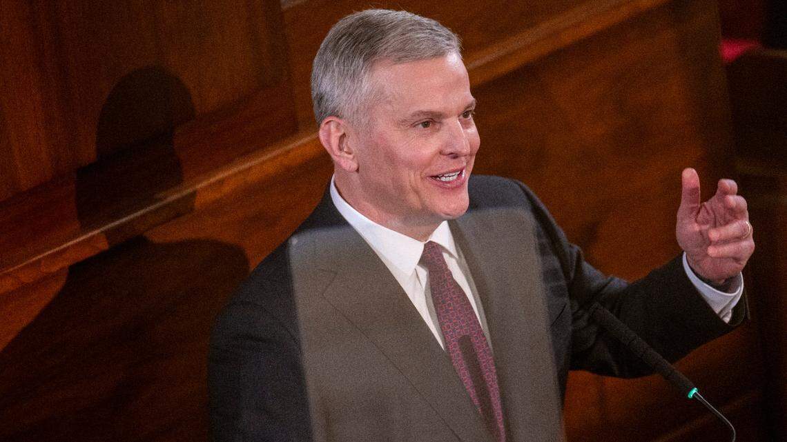 Gov. Josh Stein delivers his State of the State address to a joint session of the General Assembly on Wednesday, March 12, 2025, in the House chamber of the Legislative Building.