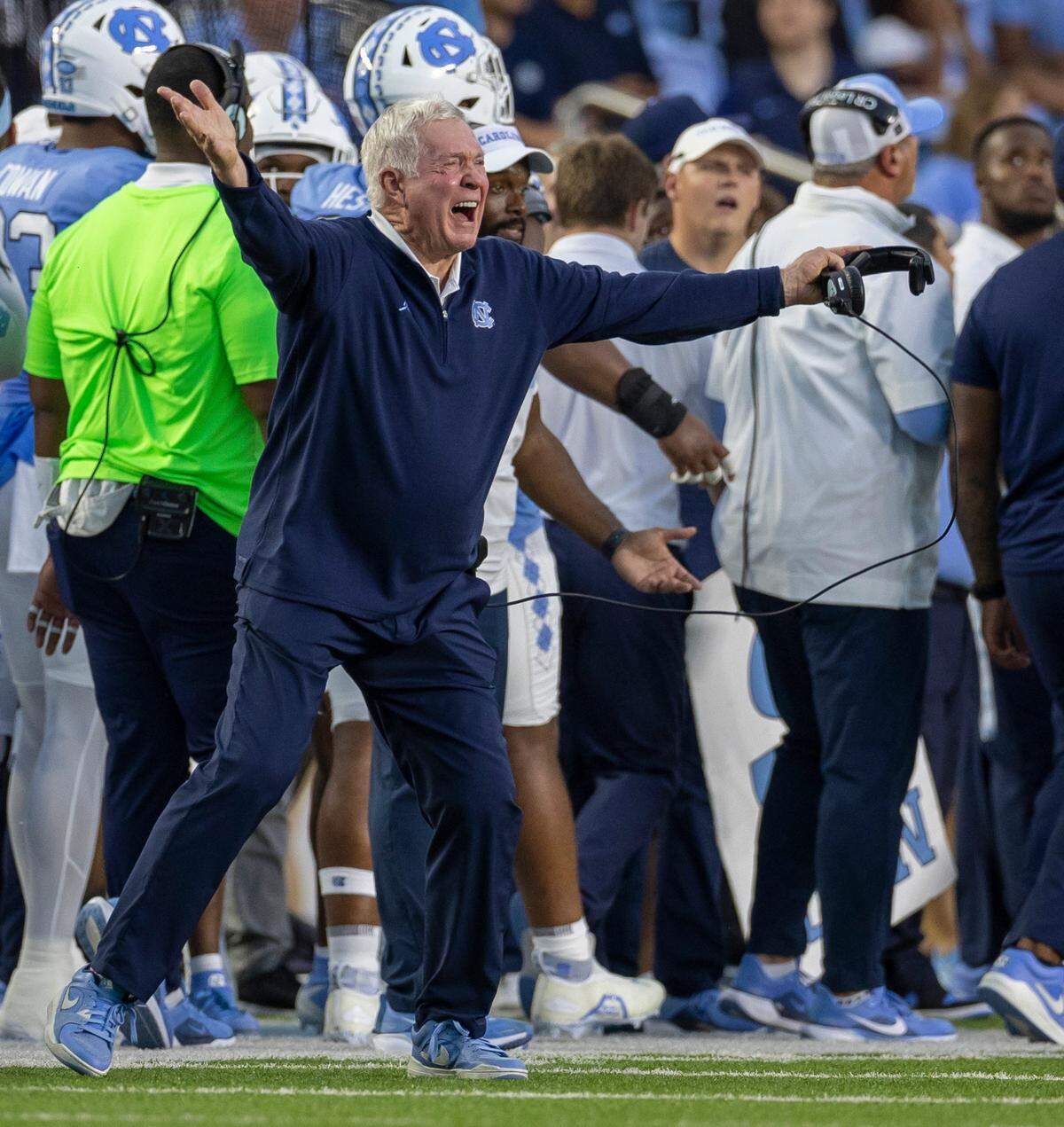 North Carolina coach Mack Brown reacts to a targeting penalty against Desmond Evans in the second quarter against North Carolina Center on Saturday, September 14, 2024 at Kenan Stadium in Chapel Hill, N.C.