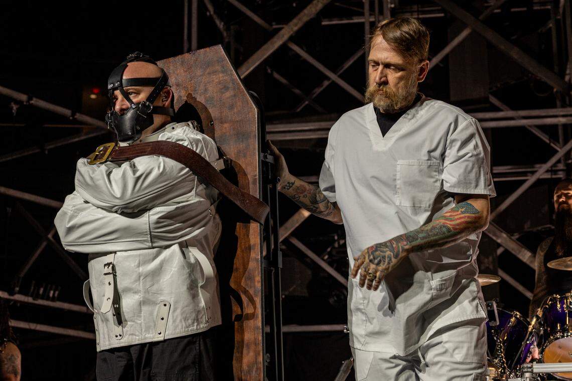 Dark metal band Disturbed in concert at Raleigh, N.C.’s Lenovo Center, April 14, 2025.