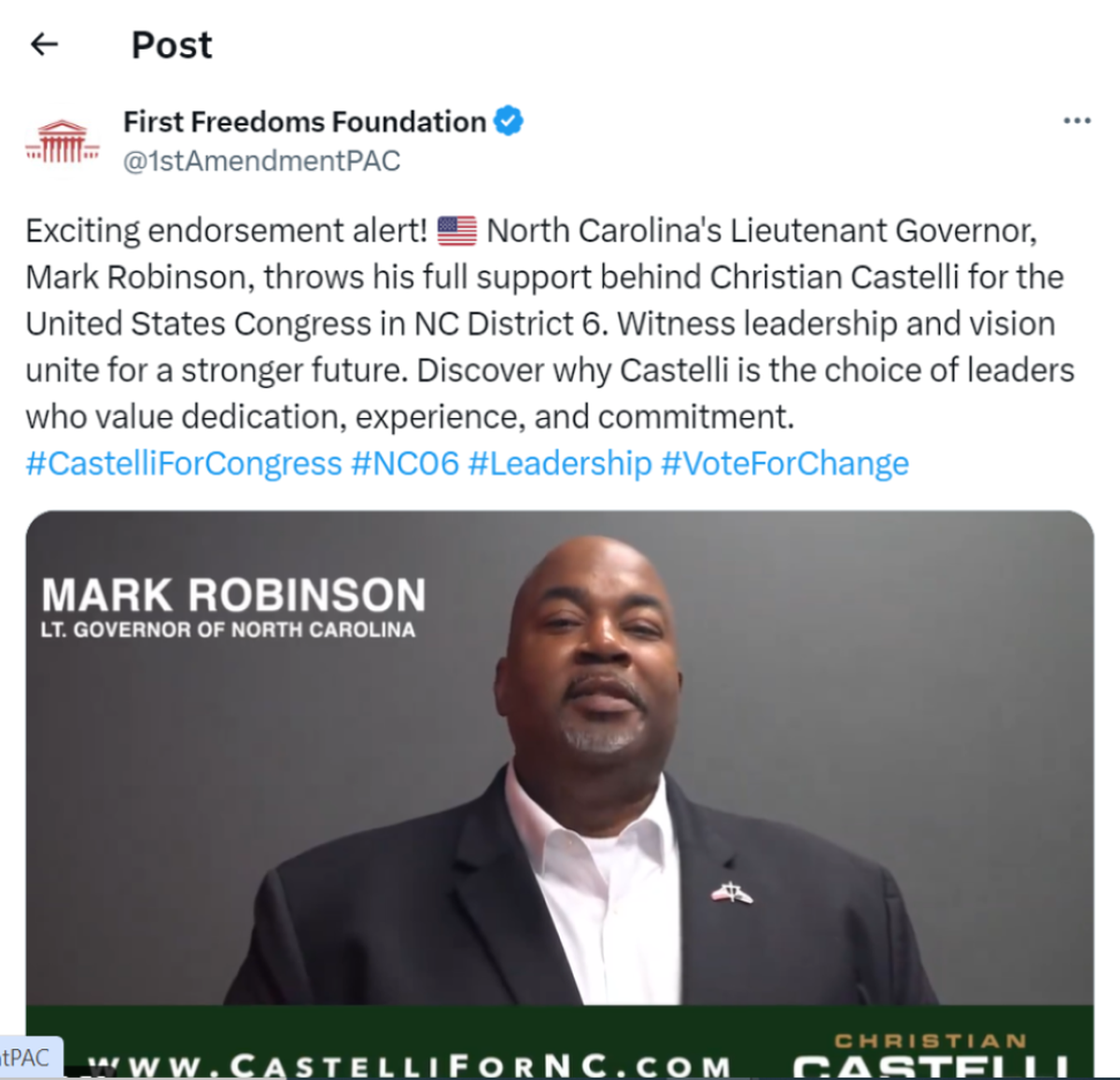 A screenshot of a fake endorsement announcement in North Carolina’s 6th Congressional District posted on X, Thursday, Jan. 25, 2024.