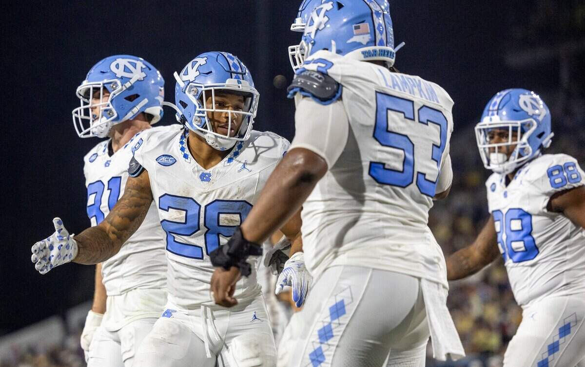 North Carolina’s Omarion Hampton (28) reacts after scoring on a three-yard run to give the Tar Heels’ a 28-21 lead in the second quarter on Saturday, October 28, 2023 at Bobby Dodd Stadium in Atlanta, Georgia.