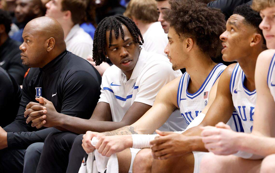 Duke’s Mark Mitchell talks with Tyrese Proctor during the second half of Duke’s 84-79 victory over Georgia Tech at Cameron Indoor Stadium in Durham, N.C., Saturday, Jan. 13, 2024.