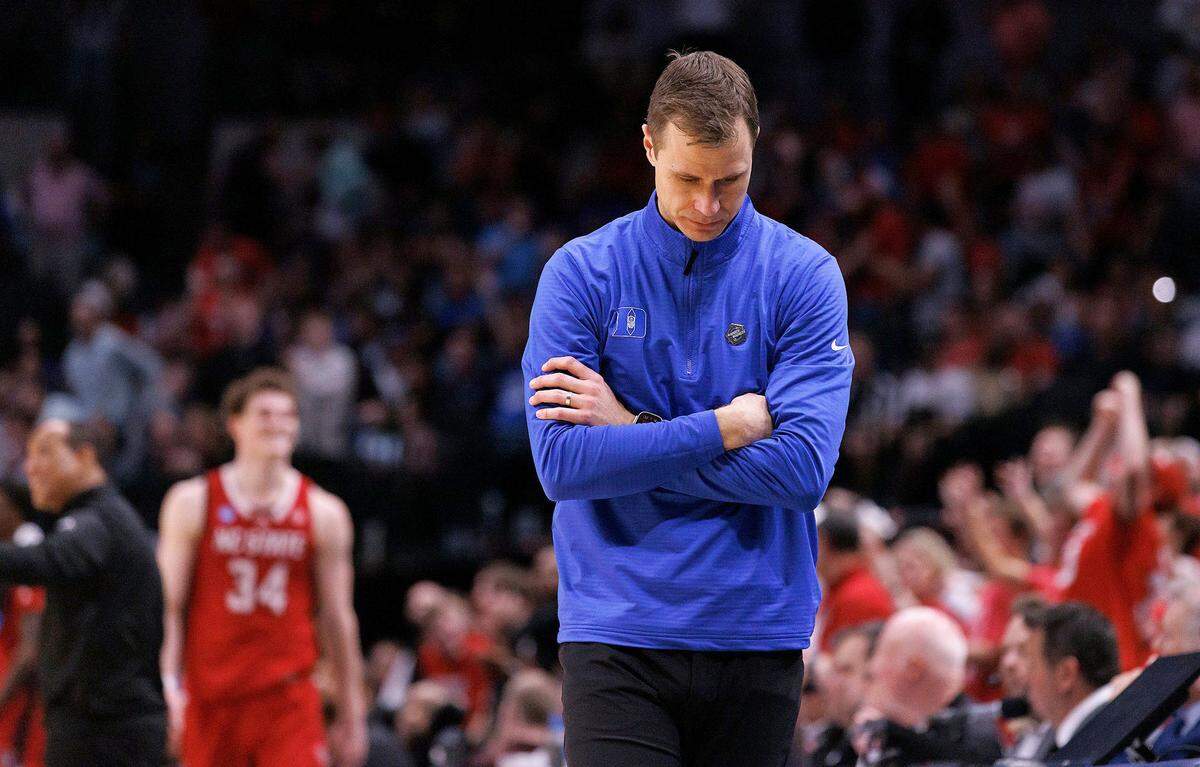 Duke head coach Jon Scheyer reacts late in the second half of the Blue Devils’ 76-64 loss to N.C. State in the NCAA Tournament Elite Eight on Sunday, March 31, 2024, at American Airlines Center in Dallas, Texas.