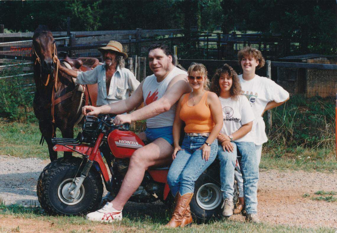 Andre the Giant on his three-wheeler on his ranch in  Ellerbe, with friends Frenchy Bernard at left and Jackie McAuley at right on the seat. The wrestler and his NC ranch appear in a new HBO documentary.
