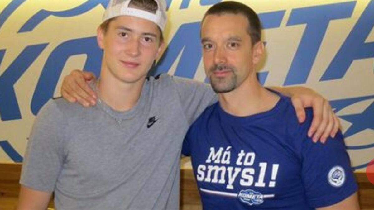 Carolina Hurricanes forward Martin Necas, left, and strength and conditioning trainer Milos Peca
